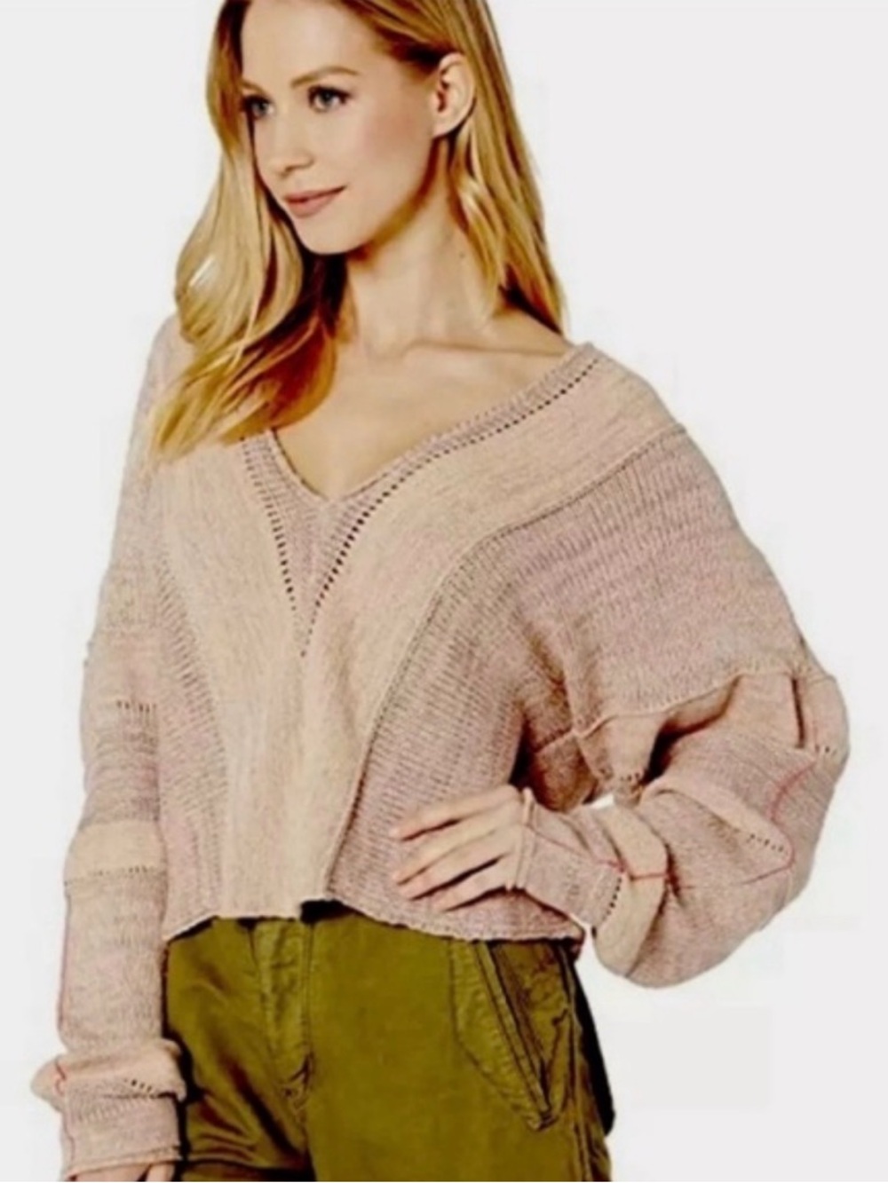 Free People Soft Blush V-Neck Cropped Sweater
